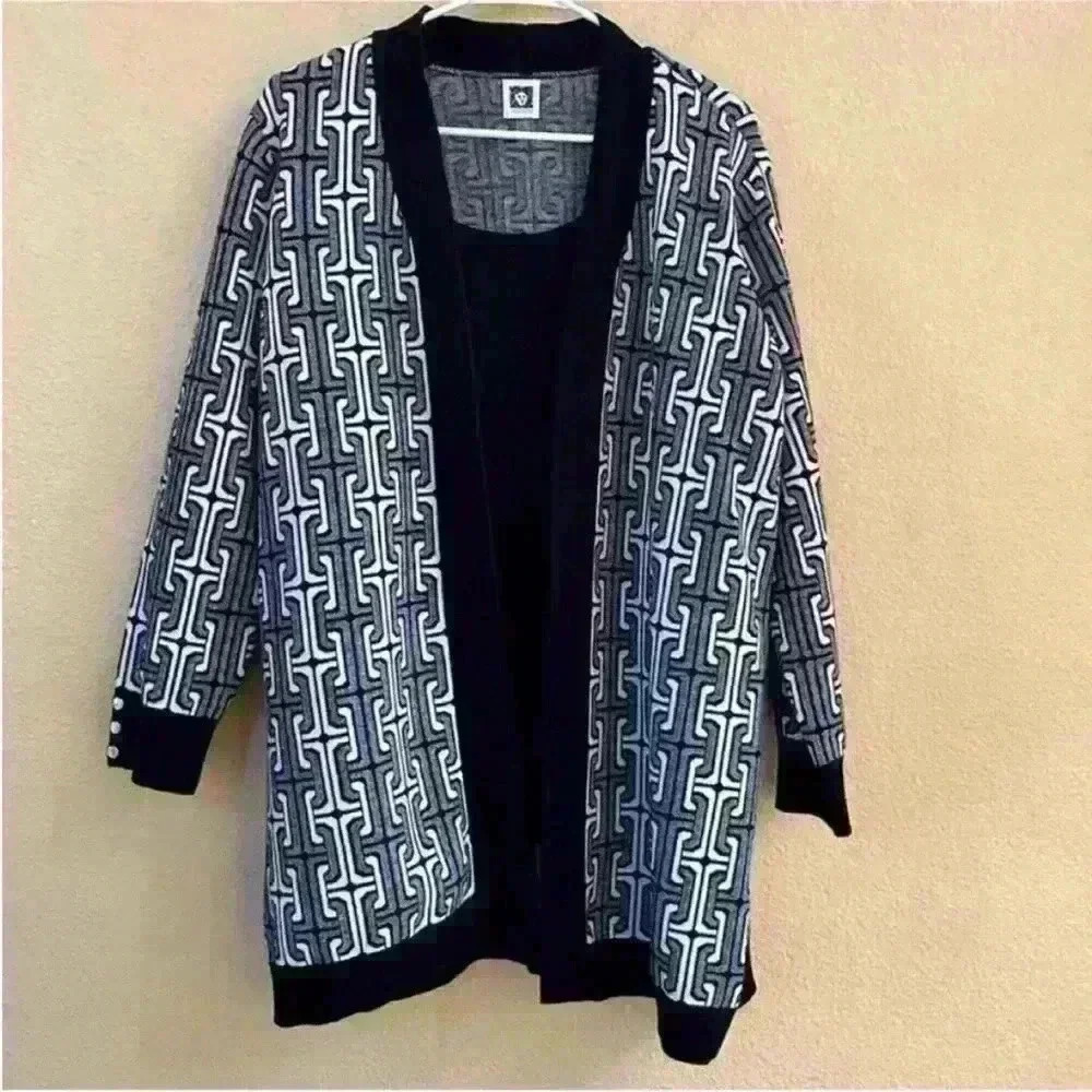 Anne Klein Black/White Print Cardigan Sweater With Tank Size XL EUC! - Picture 3 of 11